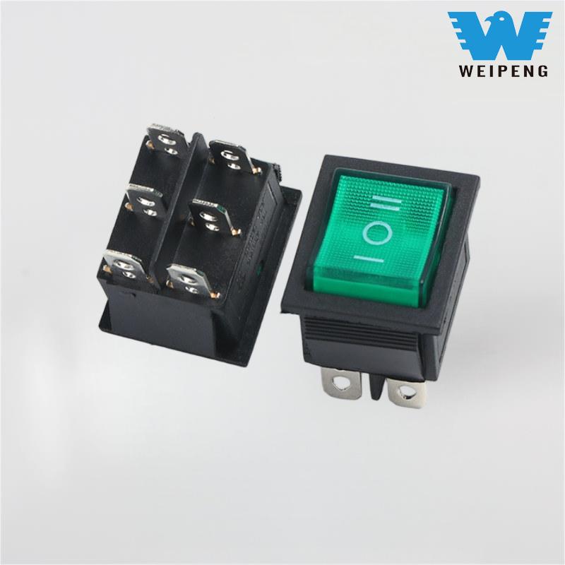 KCD4 Comutator basculant cu 6 pini 16A, iluminat verde